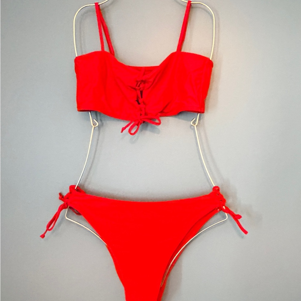Red Lace-Up Bikini Set
